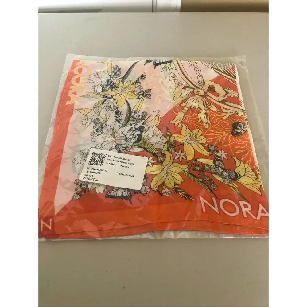 NORA Orange Floral Butterfly Square Scarf Lightweight Wrap